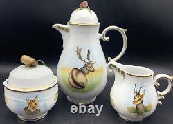 Hollohaza Hungary Elk Bobcat Gazelle Hand Painted Tea Coffee Pot Set Sugar Cream