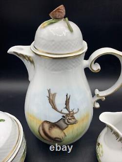 Hollohaza Hungary Elk Bobcat Gazelle Hand Painted Tea Coffee Pot Set Sugar Cream