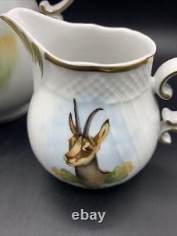 Hollohaza Hungary Elk Bobcat Gazelle Hand Painted Tea Coffee Pot Set Sugar Cream