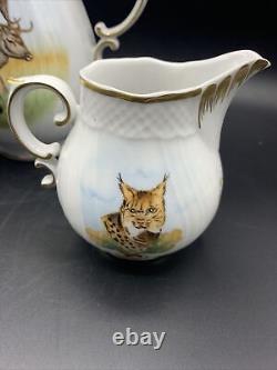 Hollohaza Hungary Elk Bobcat Gazelle Hand Painted Tea Coffee Pot Set Sugar Cream