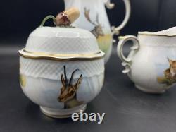 Hollohaza Hungary Elk Bobcat Gazelle Hand Painted Tea Coffee Pot Set Sugar Cream