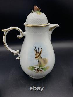 Hollohaza Hungary Elk Bobcat Gazelle Hand Painted Tea Coffee Pot Set Sugar Cream