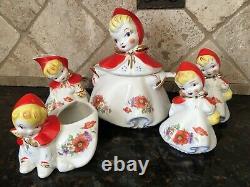 Hull USA Little Red Riding Hood 5 pc set Teapot, cream, sugar, salt, pepper