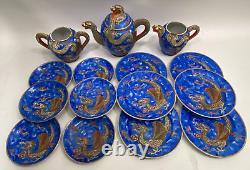 Incomplete Vintage Handmade Porcelain Dragon Teapot Set Blue
