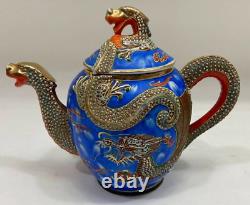 Incomplete Vintage Handmade Porcelain Dragon Teapot Set Blue
