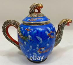 Incomplete Vintage Handmade Porcelain Dragon Teapot Set Blue