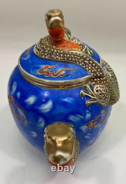 Incomplete Vintage Handmade Porcelain Dragon Teapot Set Blue