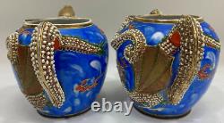 Incomplete Vintage Handmade Porcelain Dragon Teapot Set Blue