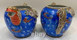 Incomplete Vintage Handmade Porcelain Dragon Teapot Set Blue
