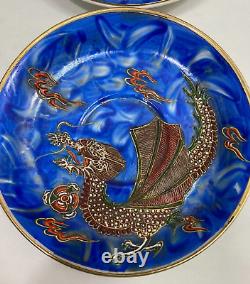 Incomplete Vintage Handmade Porcelain Dragon Teapot Set Blue