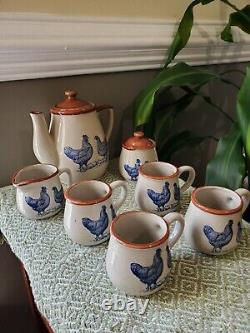 Incredible Complete VTG Stoneware 7-Piece Tea Set Beige With Blue Chickens-Gift