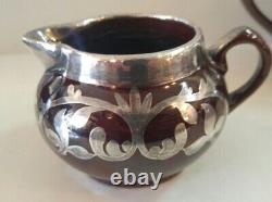 Indian Art Nouveau Lenox Pottery Teapot Cream Sugar Set Sterling Silver Overlay