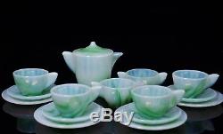 Interior Panel Akro Agate Child Tea Set Green White Plates Saucers Pot Cups Etc