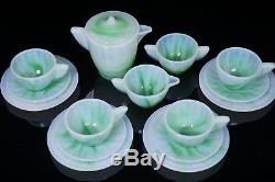 Interior Panel Akro Agate Child Tea Set Green White Plates Saucers Pot Cups Etc
