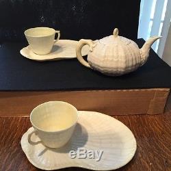 Irish Belleek Porcelain Tridacna Teapot, Cream/Yellow, 2 snack sets Green Mark