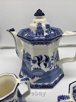 Ironstone E&C Challinor Blue Willow Tea Pot Creamer and Sugar Set Octagonal