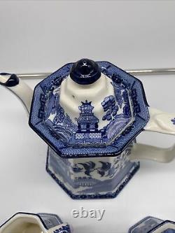 Ironstone E&C Challinor Blue Willow Tea Pot Creamer and Sugar Set Octagonal