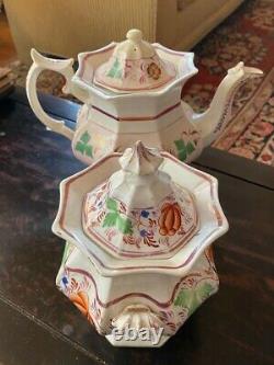 Ironstone Pink Luster Tea Pot and Sugar Container Set 1840s Gothic Style