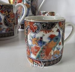 JAPANESE IMARI TEA SET TEAPOT CUPS CREAMER SUGAR PEACOCK GOLD RED FLORAL 17pc