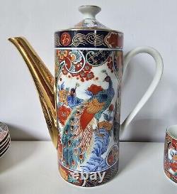 JAPANESE IMARI TEA SET TEAPOT CUPS CREAMER SUGAR PEACOCK GOLD RED FLORAL 17pc