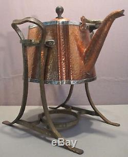 JOS. HEINRICHS Hammered Copper/Sterling Silver Tea Pot & Stand ExC SHIPS FREE