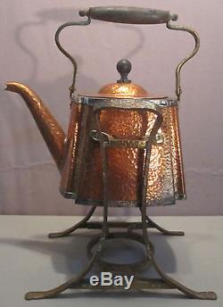 JOS. HEINRICHS Hammered Copper/Sterling Silver Tea Pot & Stand ExC SHIPS FREE