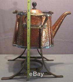 JOS. HEINRICHS Hammered Copper/Sterling Silver Tea Pot & Stand ExC SHIPS FREE
