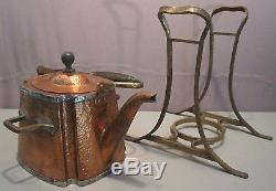 JOS. HEINRICHS Hammered Copper/Sterling Silver Tea Pot & Stand ExC SHIPS FREE