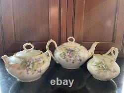 J P L France J Pouyat LIMOGES Teapot, Sugar and Creamer Violets