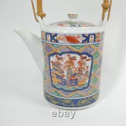 Japan Imari Export Sailing Black Ship Porcelain Teaset Teapot & 6 Cups Vintage