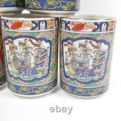 Japan Imari Export Sailing Black Ship Porcelain Teaset Teapot & 6 Cups Vintage