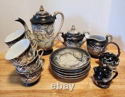 Japanese Hand Painted Dragonware Tea Set Demitasse Moriage Black/Gold/Blue 16 PC