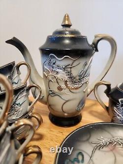 Japanese Hand Painted Dragonware Tea Set Demitasse Moriage Black/Gold/Blue 16 PC