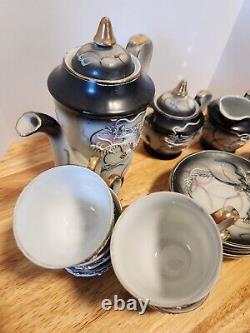 Japanese Hand Painted Dragonware Tea Set Demitasse Moriage Black/Gold/Blue 16 PC