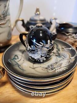 Japanese Hand Painted Dragonware Tea Set Demitasse Moriage Black/Gold/Blue 16 PC