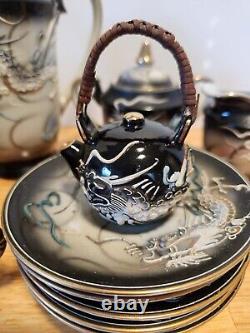 Japanese Hand Painted Dragonware Tea Set Demitasse Moriage Black/Gold/Blue 16 PC
