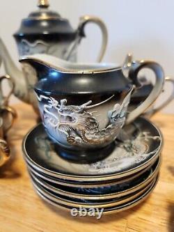 Japanese Hand Painted Dragonware Tea Set Demitasse Moriage Black/Gold/Blue 16 PC