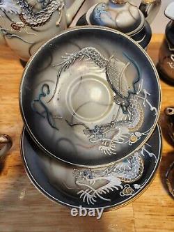 Japanese Hand Painted Dragonware Tea Set Demitasse Moriage Black/Gold/Blue 16 PC