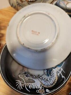 Japanese Hand Painted Dragonware Tea Set Demitasse Moriage Black/Gold/Blue 16 PC