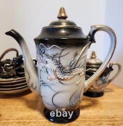 Japanese Hand Painted Dragonware Tea Set Demitasse Moriage Black/Gold/Blue 16 PC