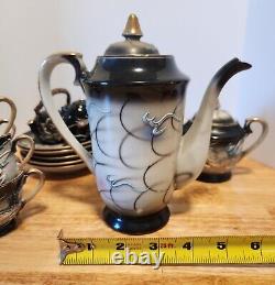Japanese Hand Painted Dragonware Tea Set Demitasse Moriage Black/Gold/Blue 16 PC