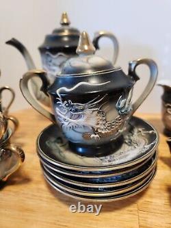 Japanese Hand Painted Dragonware Tea Set Demitasse Moriage Black/Gold/Blue 16 PC