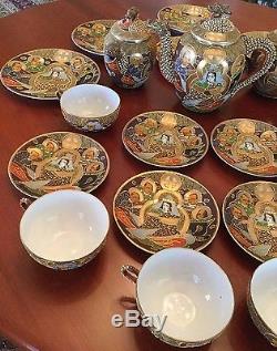 Japanese Satsuma Moriage Dragon Ware Gilded Immortals Tea Set 21 Pieces