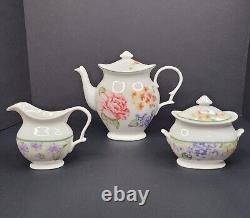 Jessica McClintock Westbury Court Teapot Creamer and Sugar Set Floral Fine China