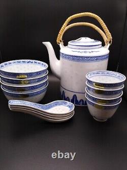 Jing De Zhen Rice Eye Pattern Tea Pot &Cups Set With Soup Bowls &Spoons 13 Piece