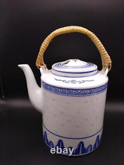 Jing De Zhen Rice Eye Pattern Tea Pot &Cups Set With Soup Bowls &Spoons 13 Piece