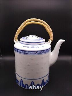 Jing De Zhen Rice Eye Pattern Tea Pot &Cups Set With Soup Bowls &Spoons 13 Piece
