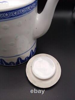 Jing De Zhen Rice Eye Pattern Tea Pot &Cups Set With Soup Bowls &Spoons 13 Piece