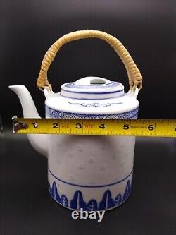 Jing De Zhen Rice Eye Pattern Tea Pot &Cups Set With Soup Bowls &Spoons 13 Piece