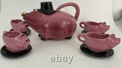 John Groth Pink Pig with Top Hat Teapot 4 Cups Saucer Set Art Pottery Signed